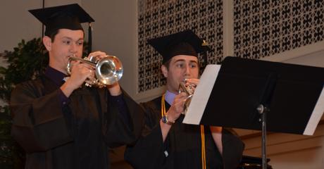 Blake Herron of Campbellsville, Ky., left, and Damon King of  Bardstown, Ky., play a song to remember the School of Education  department by. (Campbellsville University Photo by Joan C.  McKinney)