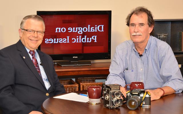 Campbellsville University’s John Chowning, vice president for church and external relations and executive assistant to the president of CU, right, interviews José Galvez, Mexican-American Pulitzer Prize winning photographer, for his “Dialogue on Public Issues” show. The show will air Sunday, Dec. 22 at 8 a.m.; Monday, Dec. 23 at 1:30 p.m. and 6:30 p.m.; and Wednesday, Dec. 25 at 1:30 p.m. and 6:30 p.m. The show is aired on Campbellsville’s cable channel 10 and is also aired on WLCU FM 88.7 at 8 a.m. and 6:30 p.m. Sunday, Dec. 22. (Campbellsville University Photo by Drew Tucker)